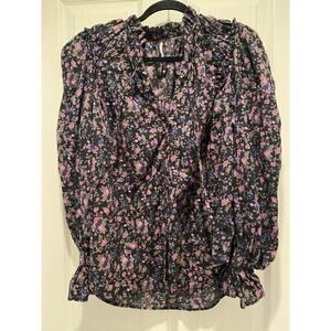Free People Floral Peasant Blouse Medium Puff Shoulder Tunic Black Pink Roses